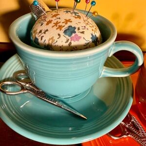 Sweet Teal Pins and Needles Teacup Sewing Caddy